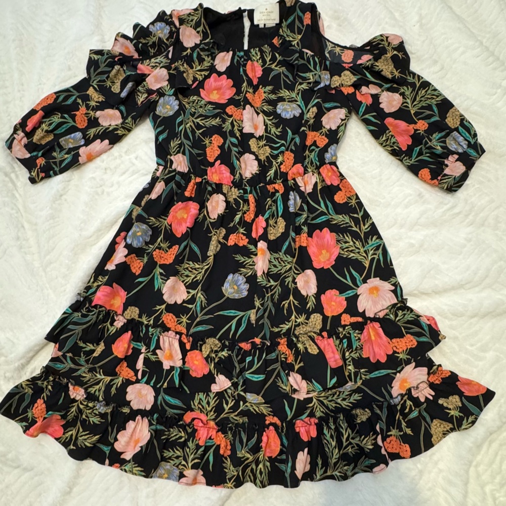 Kate Spade Blossom Floral Ruffled Black cold shoulder dress
